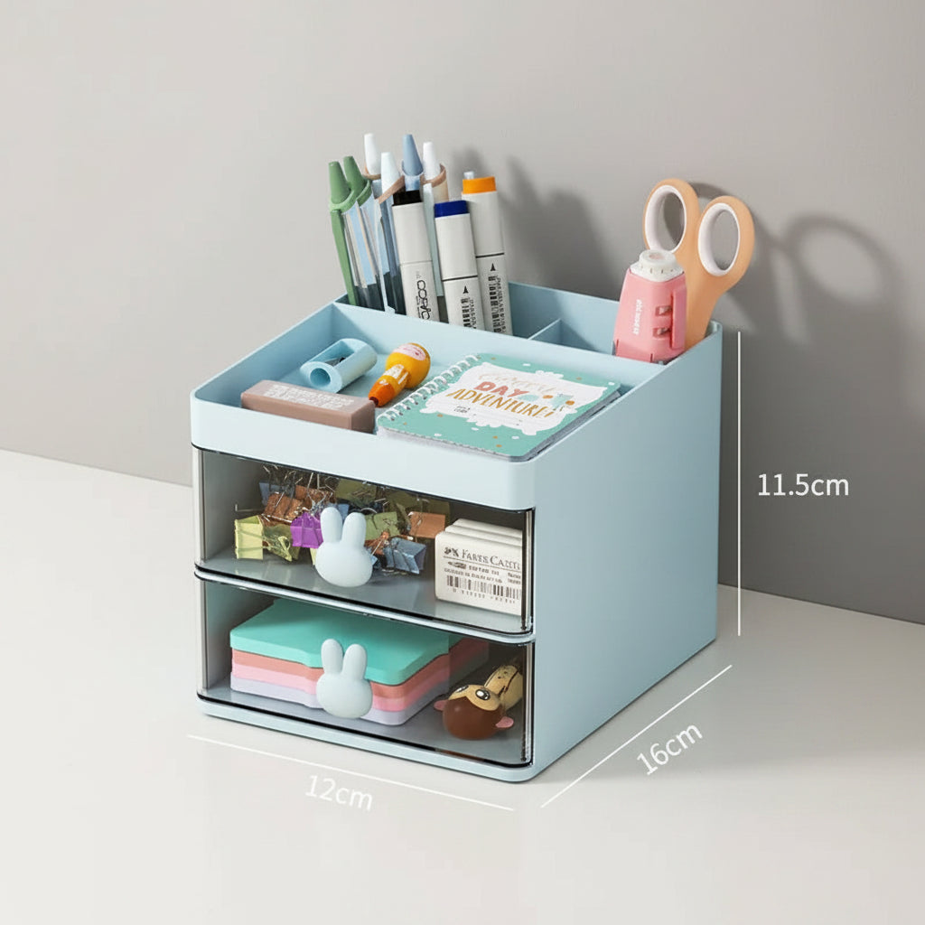 Small desk organizer with stationery items on a wooden surface and blue wall background