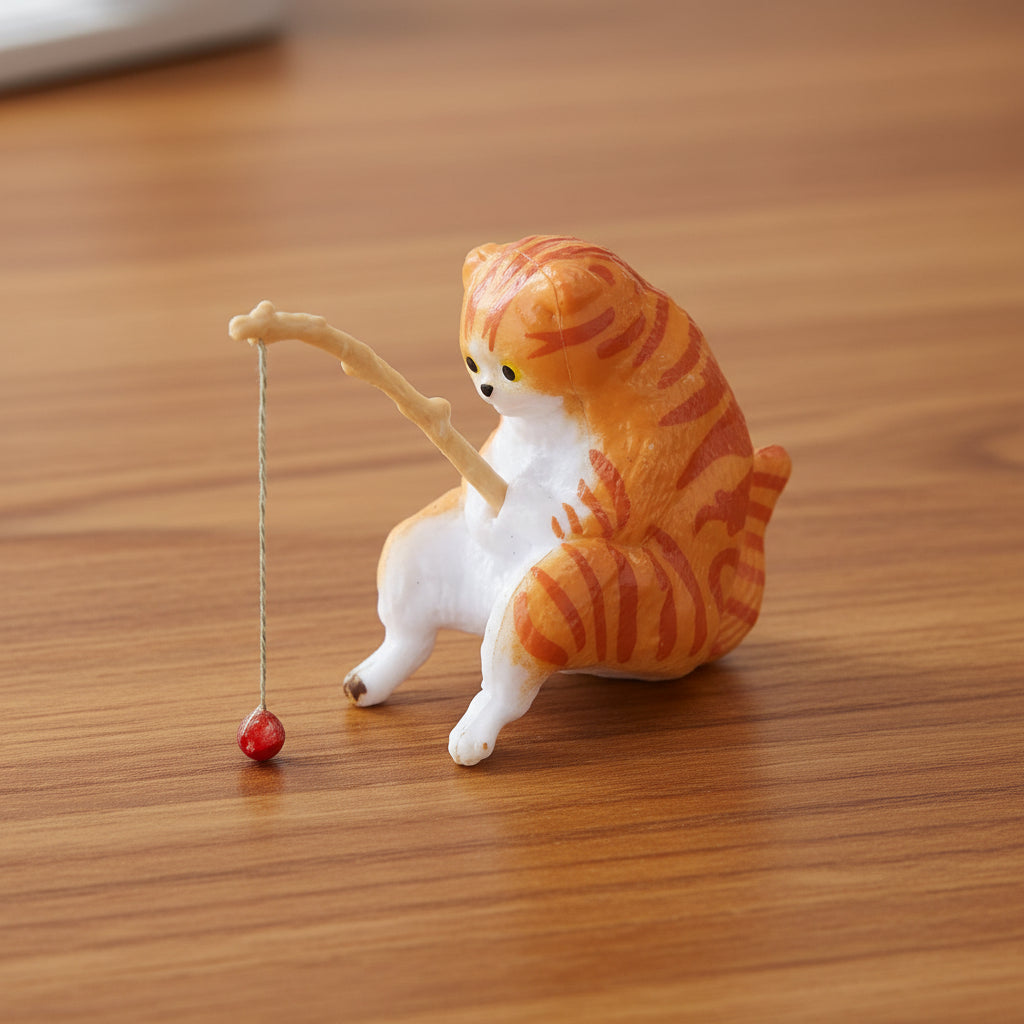Cat figurine with a fishing rod and fish on a desk