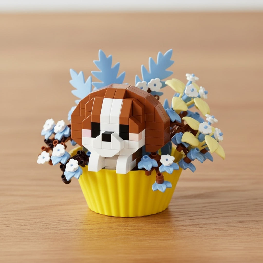 Toy figure of a dog in a yellow cup with flowers on a light surface