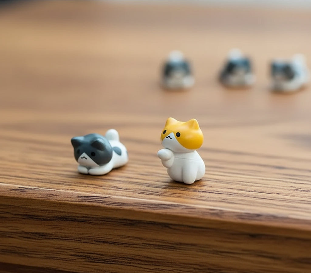 Cat figurines on a wooden desk