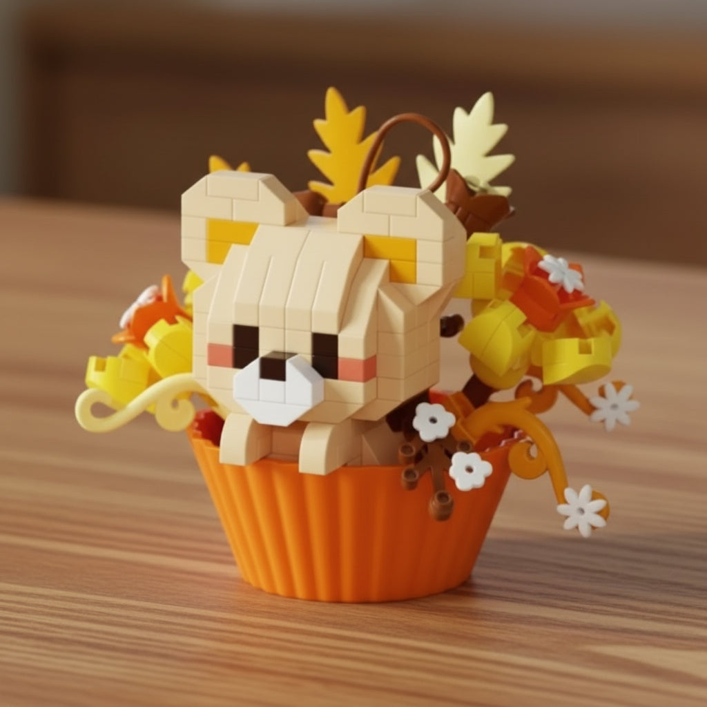 Toy figure of a bear in an orange cup with autumn-themed decorations on a light background