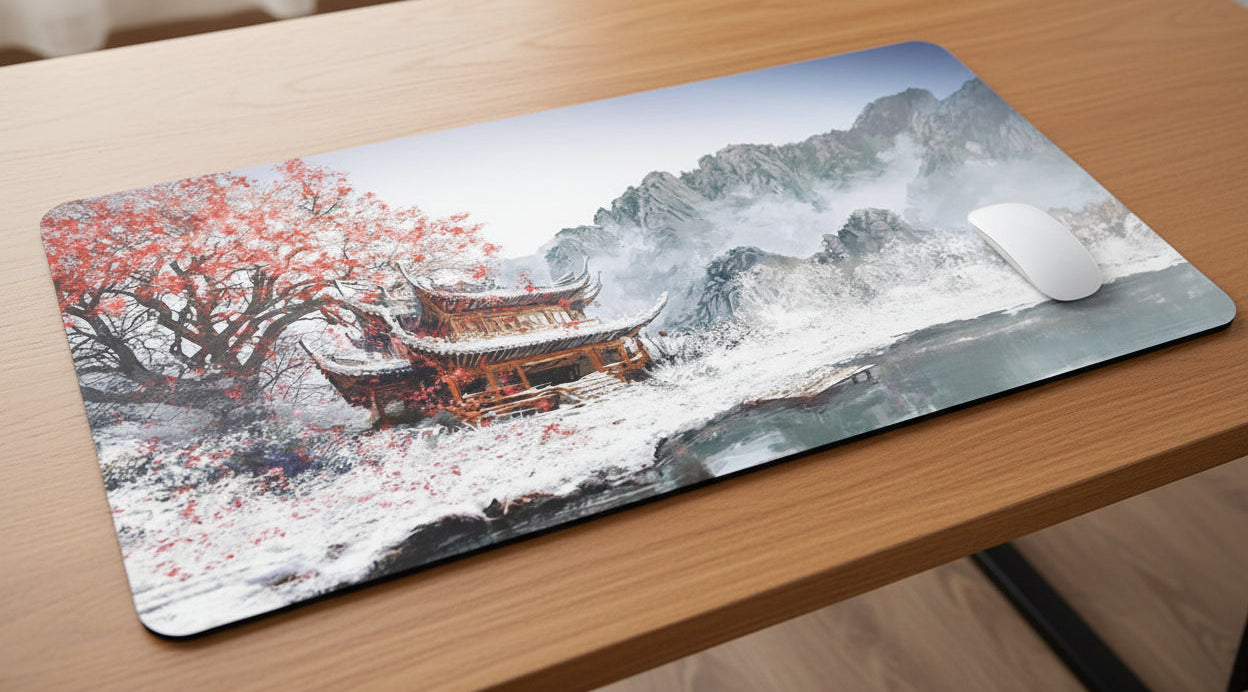 Mouse pad with a scenic design of a traditional building and cherry blossoms on a wooden surface.