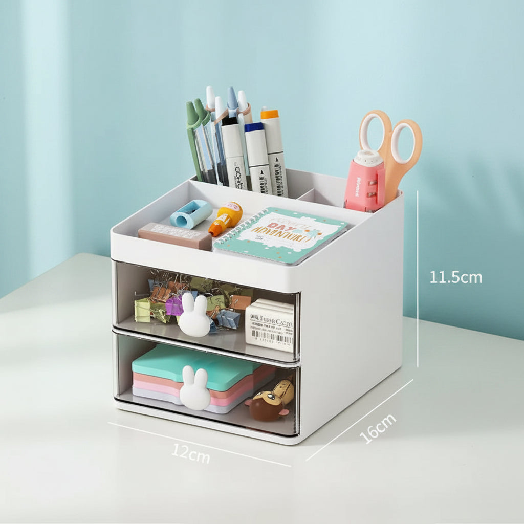 White desk organizer with stationery items on a white surface