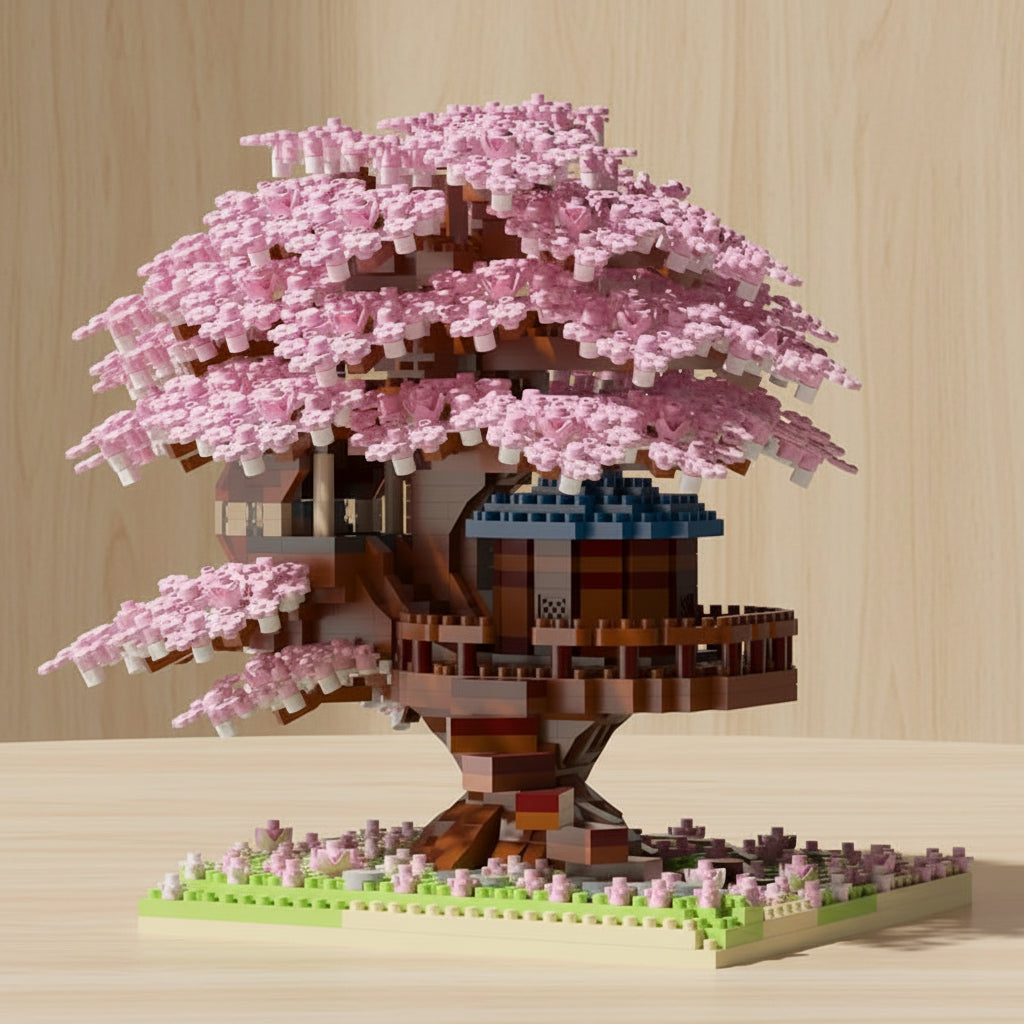 Toy model of a cherry blossom tree with a small house on a wooden surface