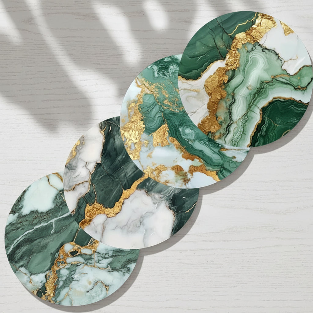 Round marble coasters with green and gold patterns on a gray surface.
