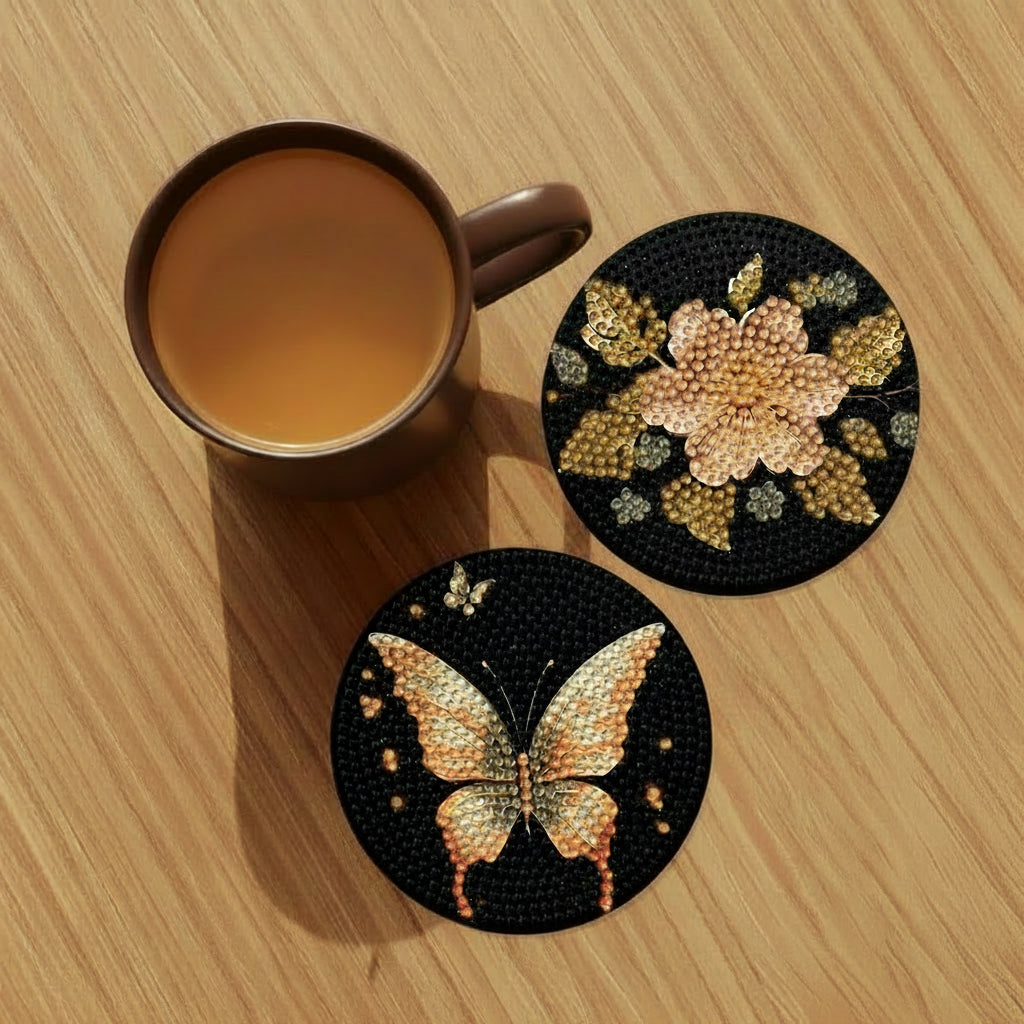 Two decorative coasters with butterfly and floral designs on a magazine page.