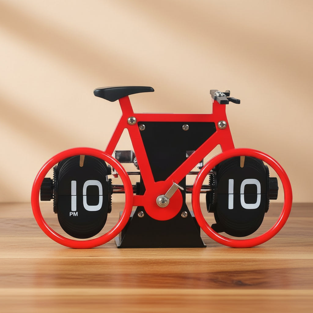 Bicycle-shaped clock with red frame and black wheels on a white background