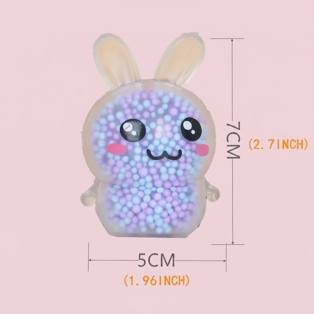Cute rabbit-shaped squishy toy with size measurements on a white background