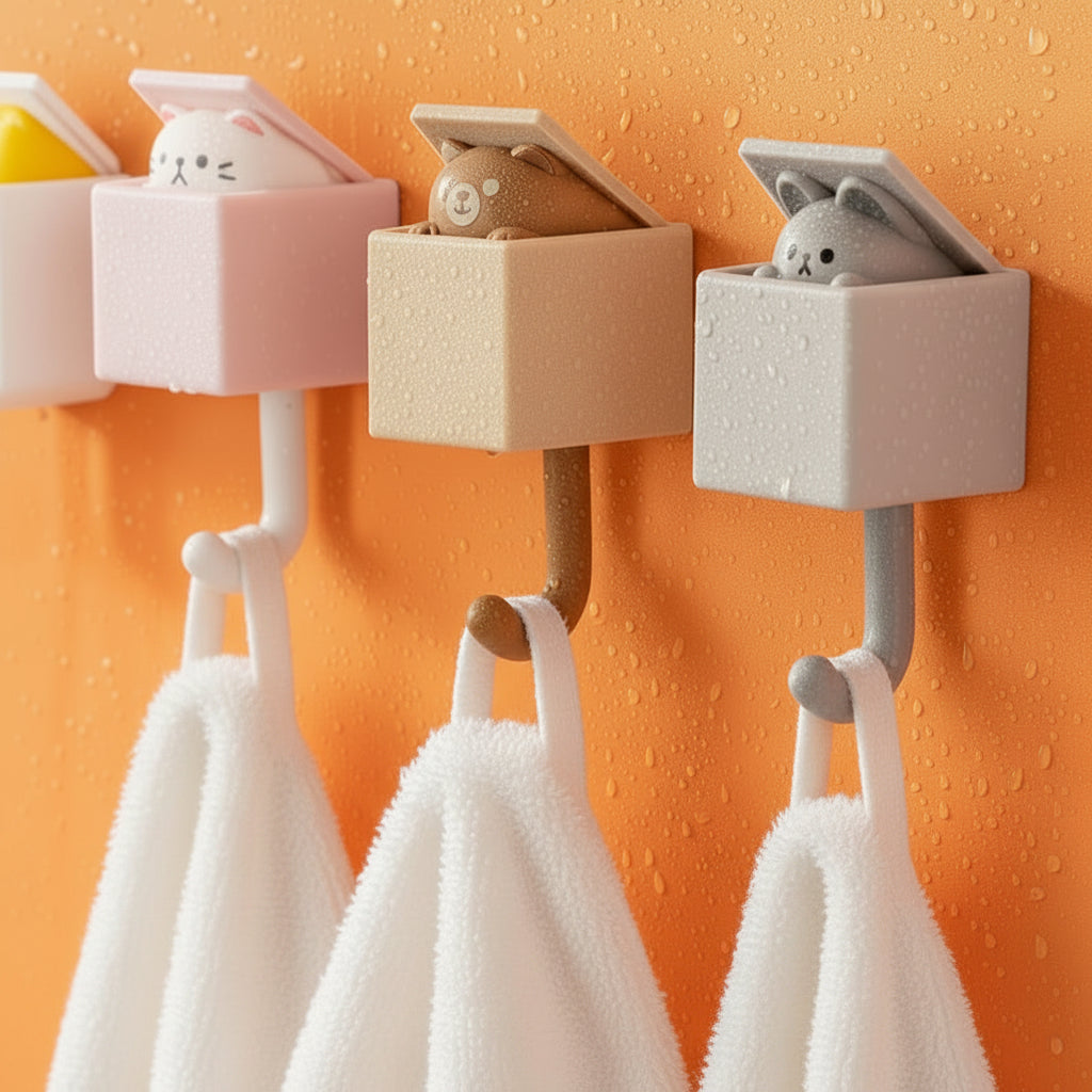 Three colorful hooks with small animal figurines on an orange wall.
