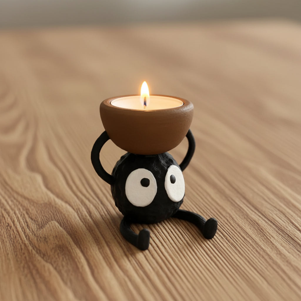 Ceramic candle holder shaped like a black cat with white eyes, holding a lit candle.