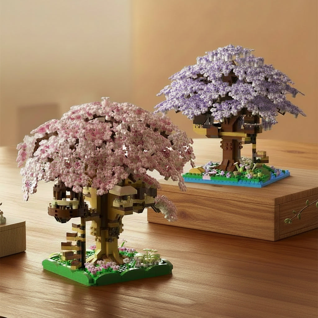 Two cherry blossom building clocks trees on a wooden surface with a blurred background