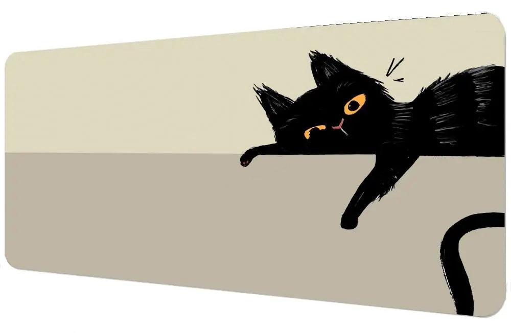 Desk mat with a black cat illustration on a beige background