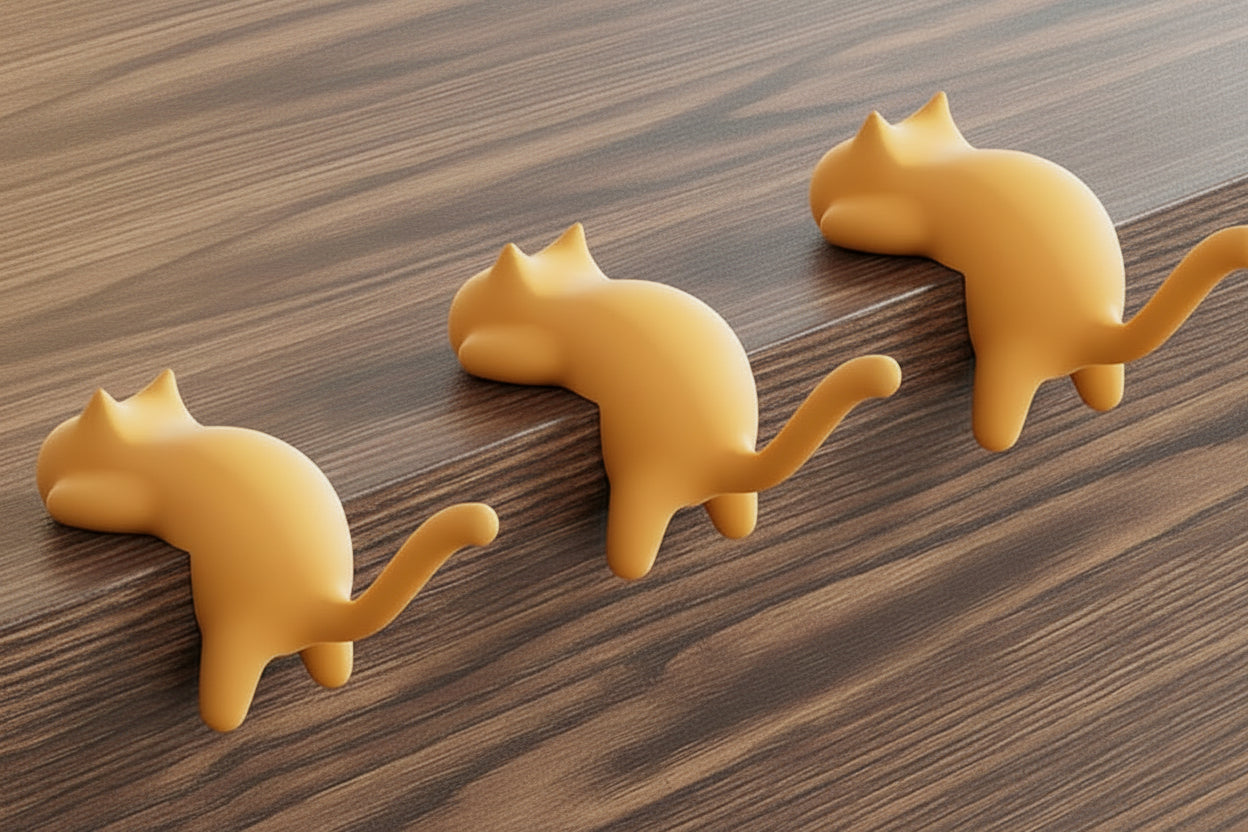 Cat-shaped table side hooks on a desk with measurements and product details.