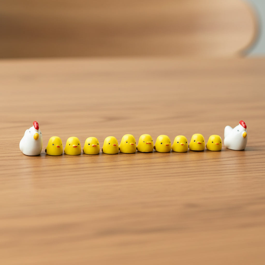 Decorative set of yellow chicks and two white chickens on a wood desk