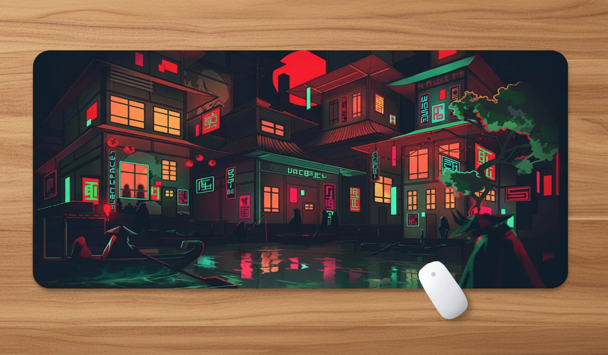 desk mat featuring a neon cityscape