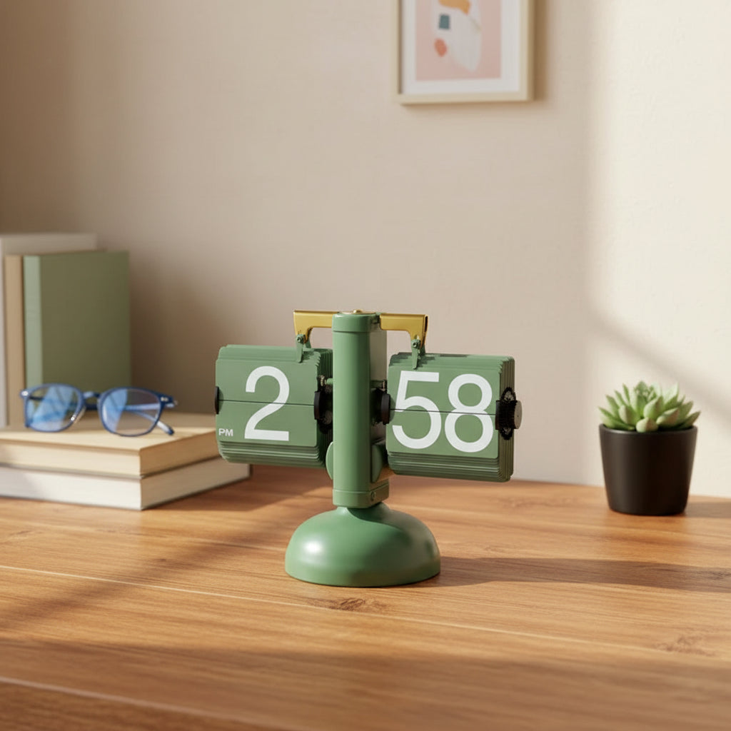 Green flip clock with '258' displayed on a wooden table desk surface.