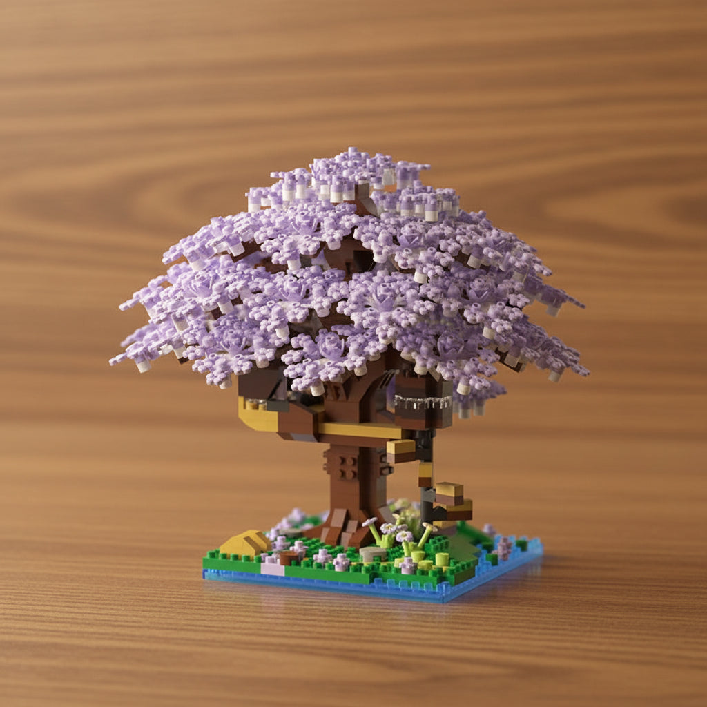 mini brick model of a cherry blossom tree on a table with a blurred background
