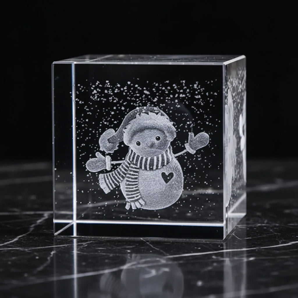 Crystal block with a 3D engraved snowman design on a dark background