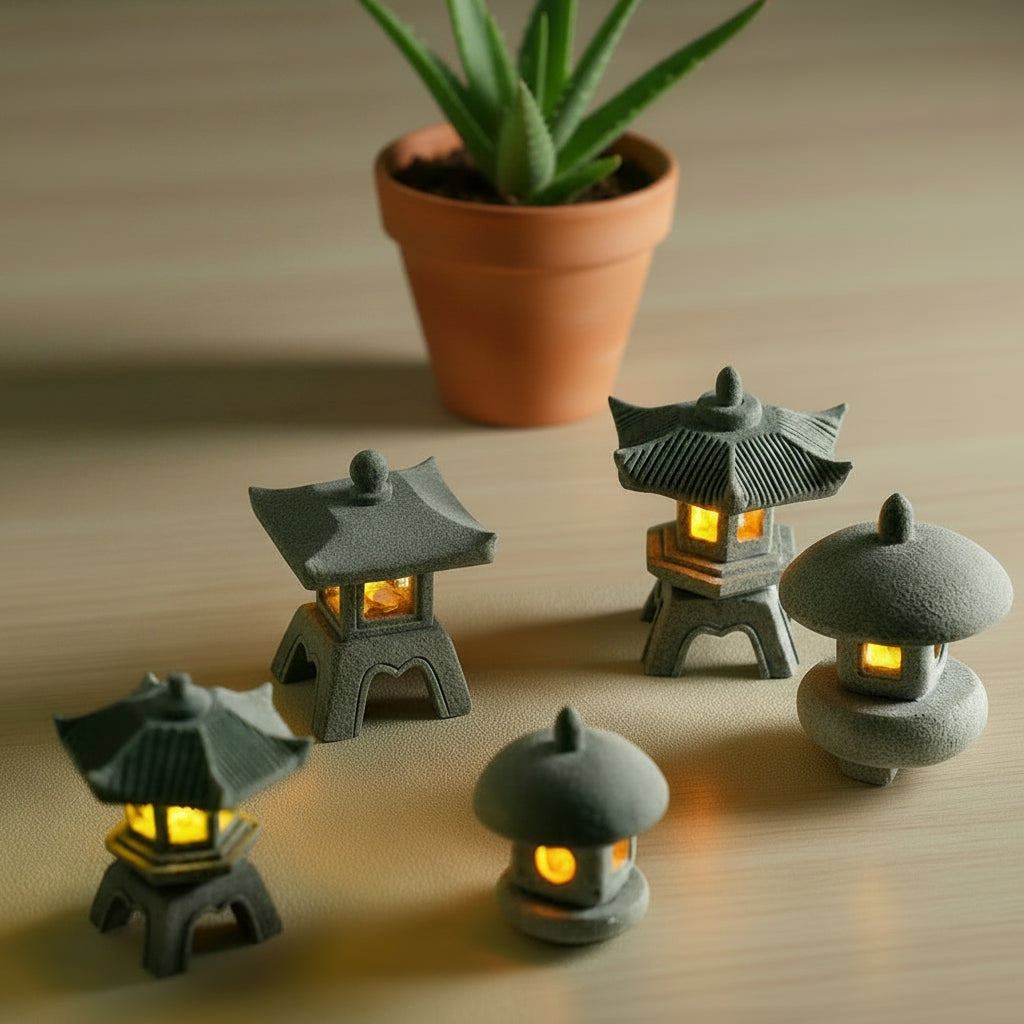 Set of small decorative japanese style stone lanterns on a wooden surface with a potted plant in the background.
