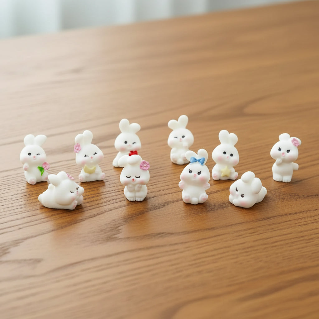 Set of small white rabbit figurines on a table