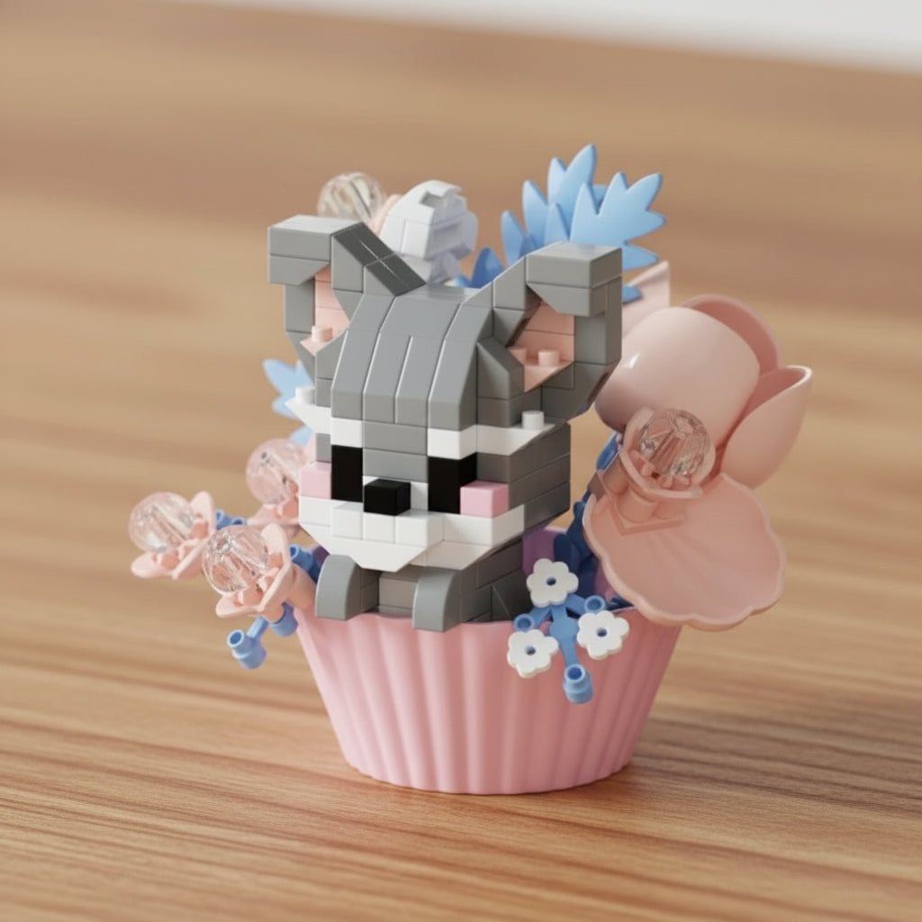 Toy figure of a grey and white dog in a pink cupcake with flowers on a light surface.