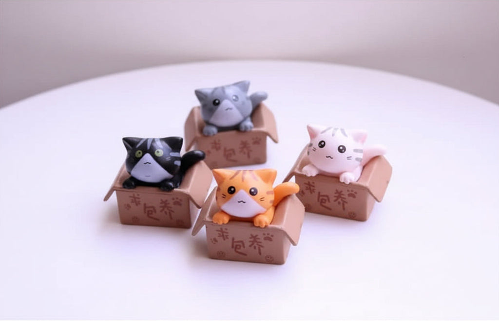 Four small cute cat figurines of assorted colours in decorative cardboard boxes