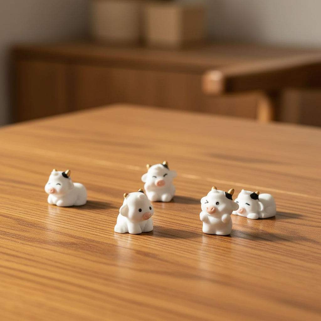 Set of small cow figurines on a wood table