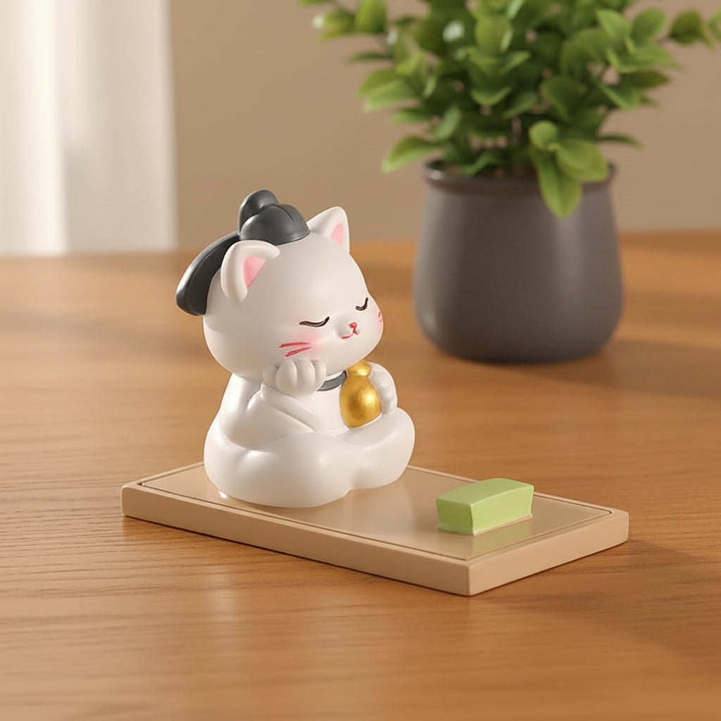 White cat phone stand with black hat and gold bell on a wooden base against a beige wall.