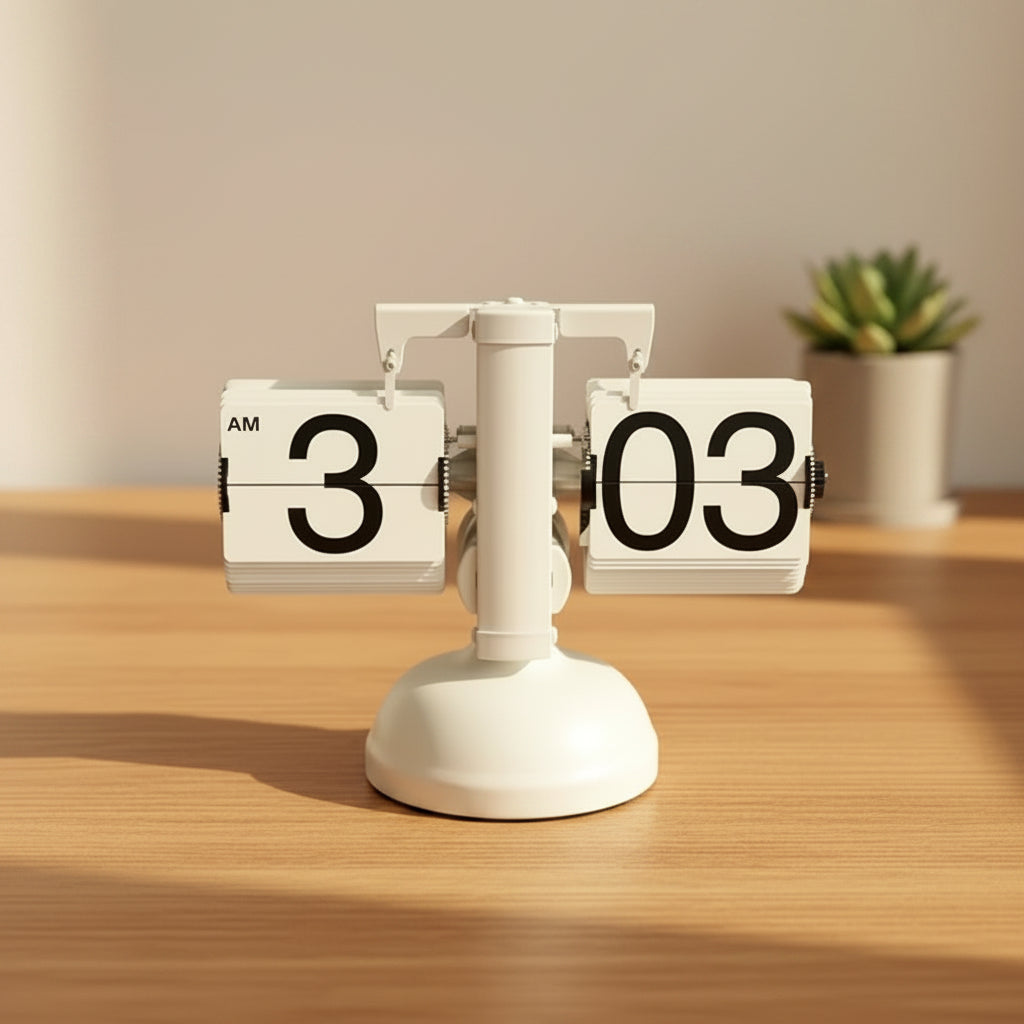 Hand holding a unique clock with digital display against a neutral background