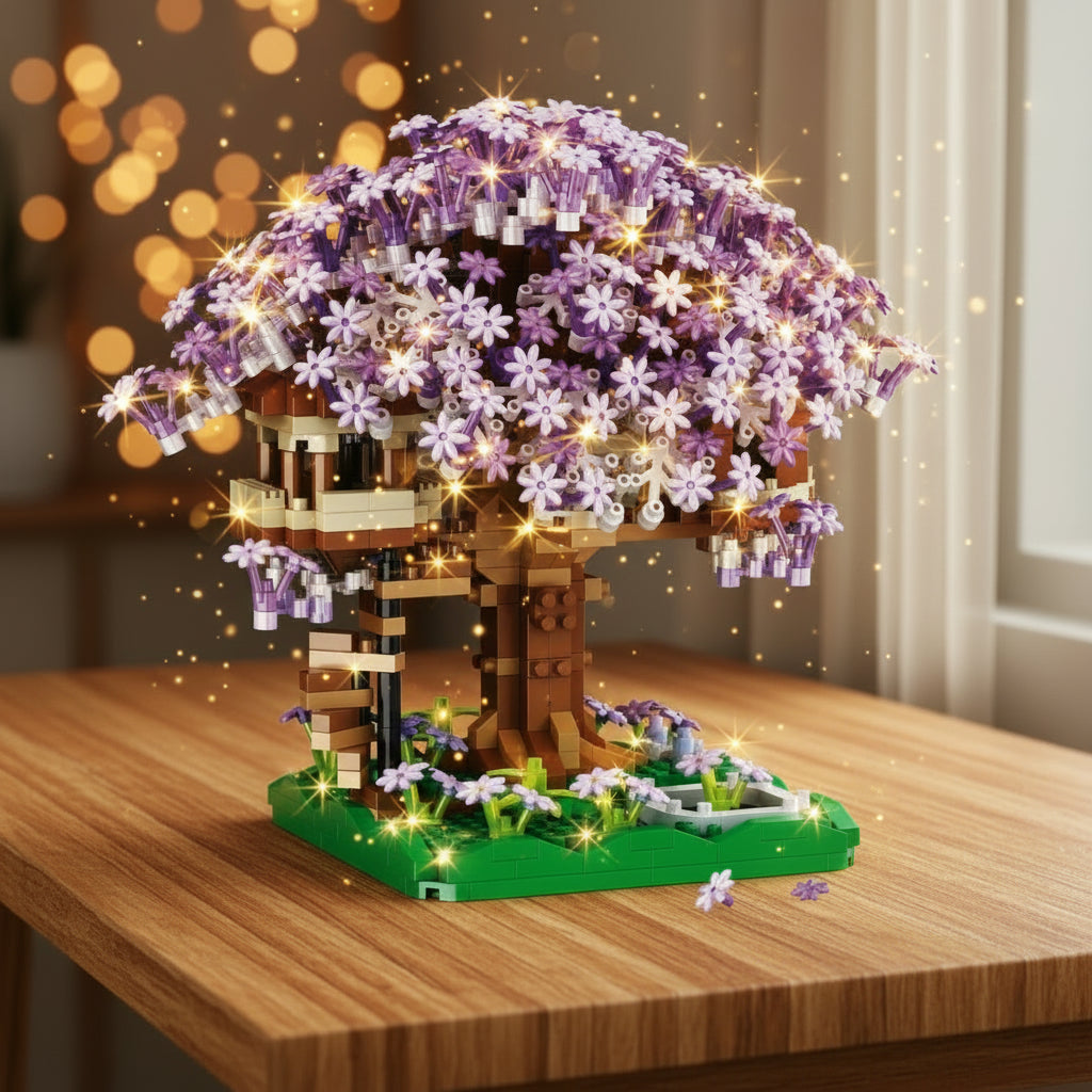 Brick-built purple treehouse with flowers and lights on a table.