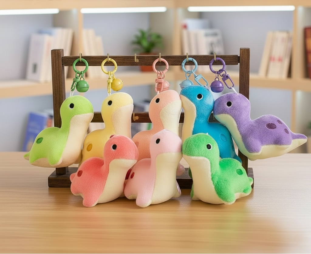 Colorful plush dino toys with keychains on a wooden stand against a light-colored wall.