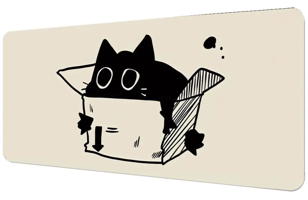 Beige mouse pad with black cat illustration and rolled-up mat below on a white background