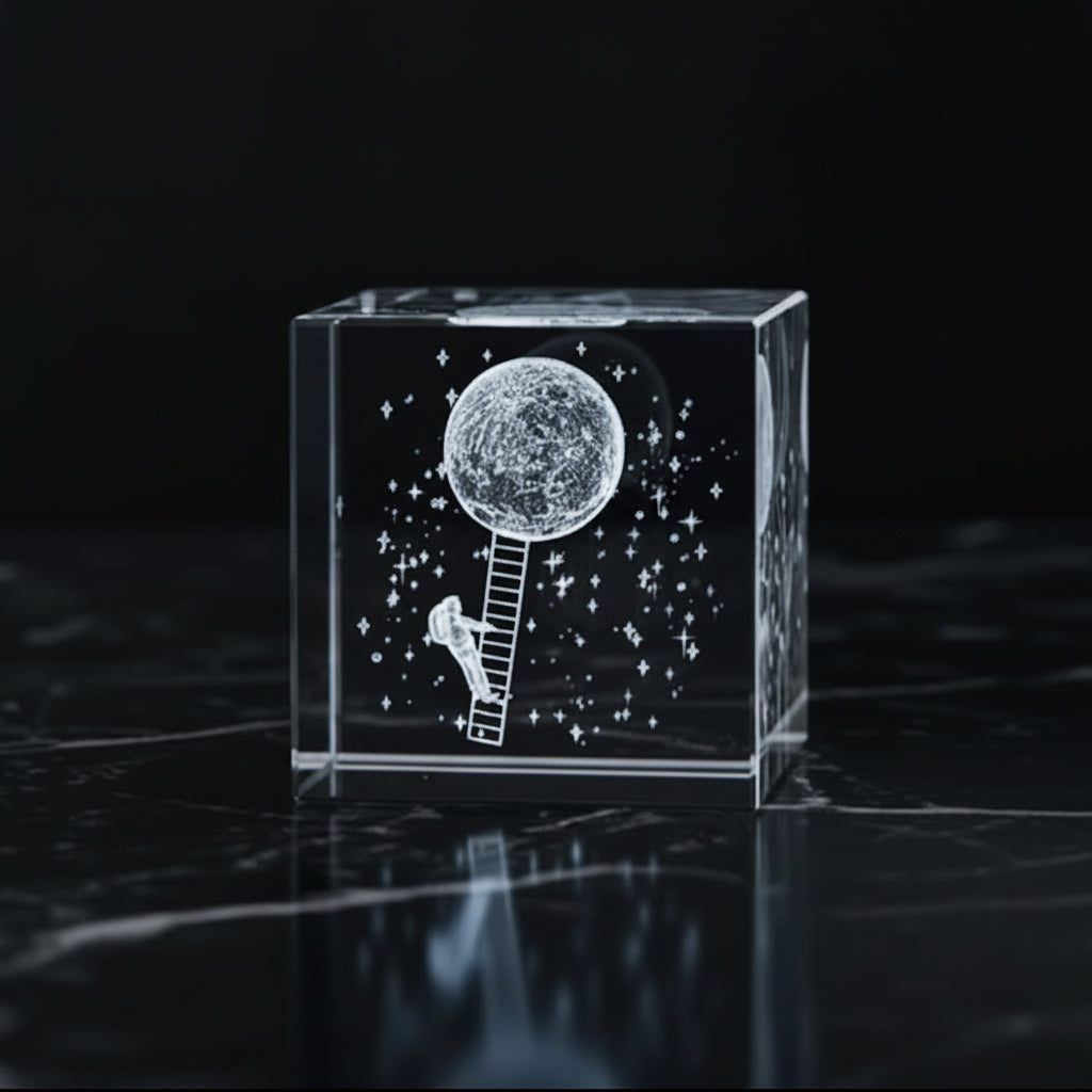 Crystal block with engraved design of a moon, stars, and a ladder on a dark background