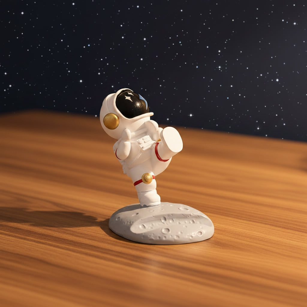 Astronaut figurine phone stand on a moon surface with a starry night sky background