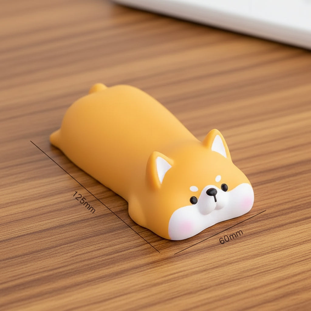 Cute dog-shaped yellow hand rest with measurements on a wood table