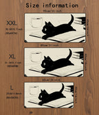 Size chart for a product with illustrations of a black cat and a cup on books, against a wooden background.
