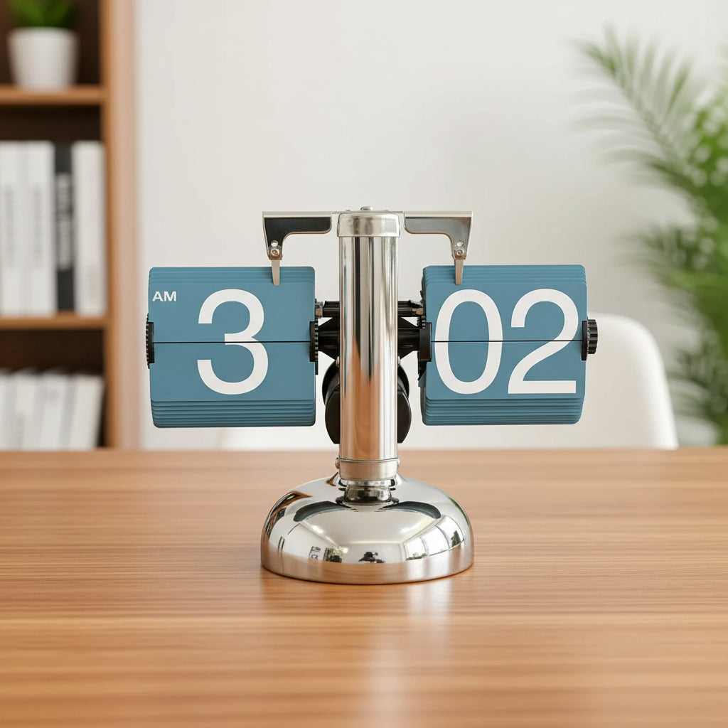 Flip clock with blue cards and white number on a desk