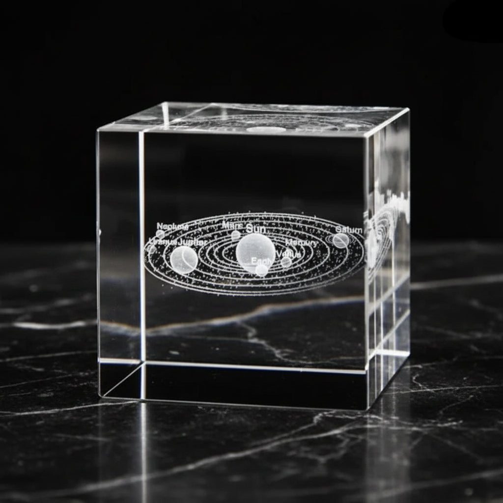 Crystal block with solar system model engraving on a dark surface