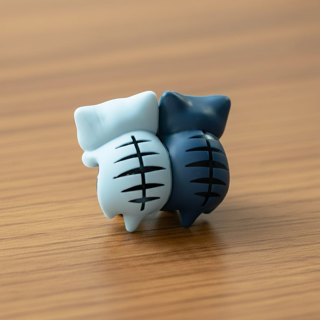 Blue and white cat figure on a wooden surface