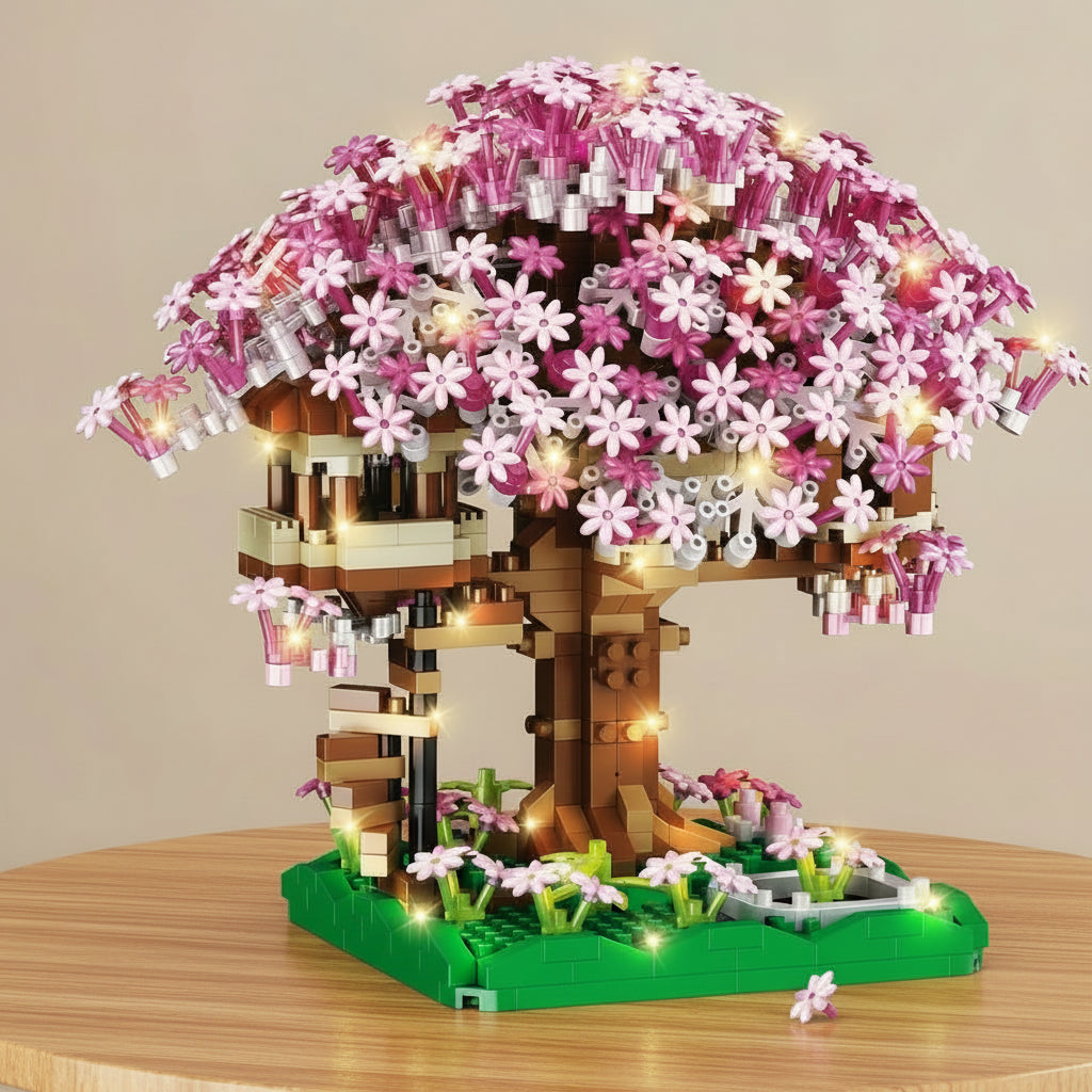 mini brick model of a cherry blossom tree with pink flowers on a wooden table.
