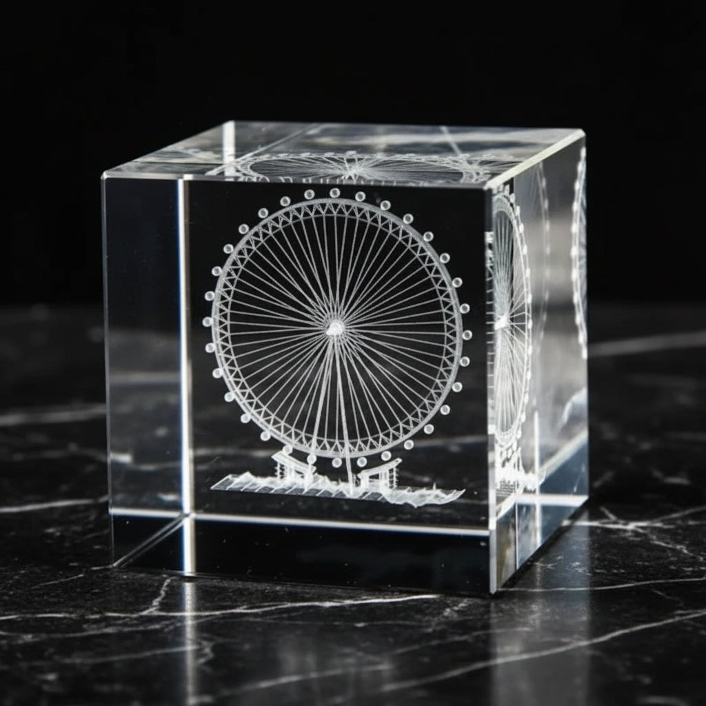 Clear crystal block with laser-engraved Ferris wheel design on a dark surface.