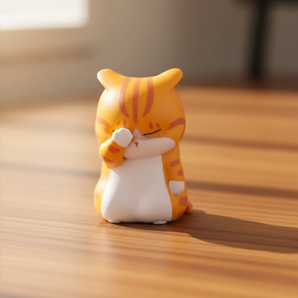 Orange and white cat-shaped figurine with closed eyes on a desk