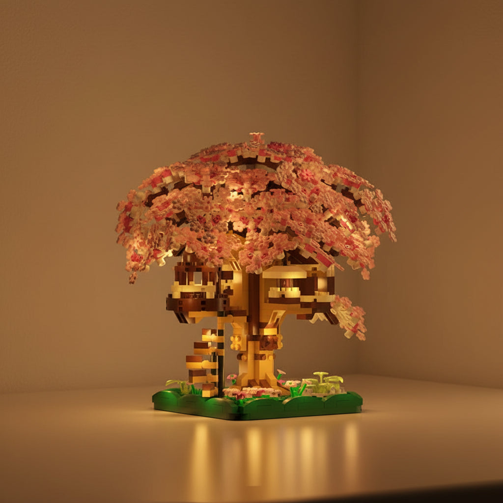 mini brickmodel of a cherry blossom tree with illuminated flowers on a dark background
