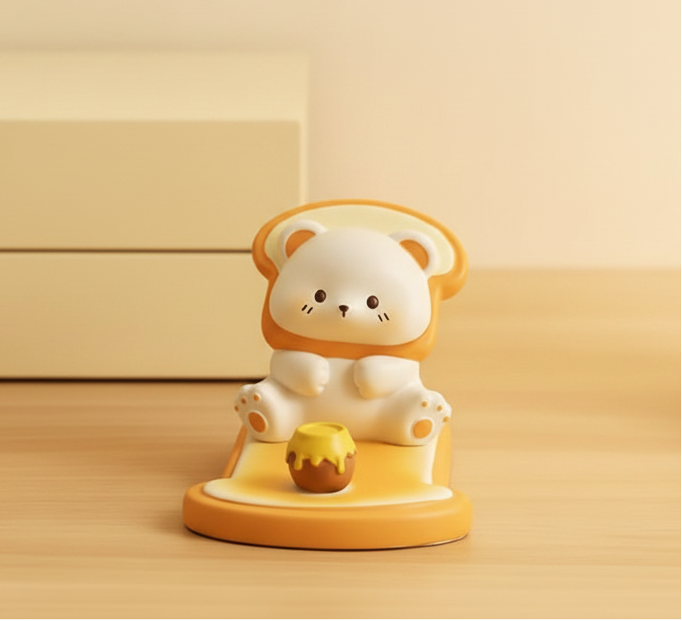Cute bear phone stand with packaging on a wooden surface
