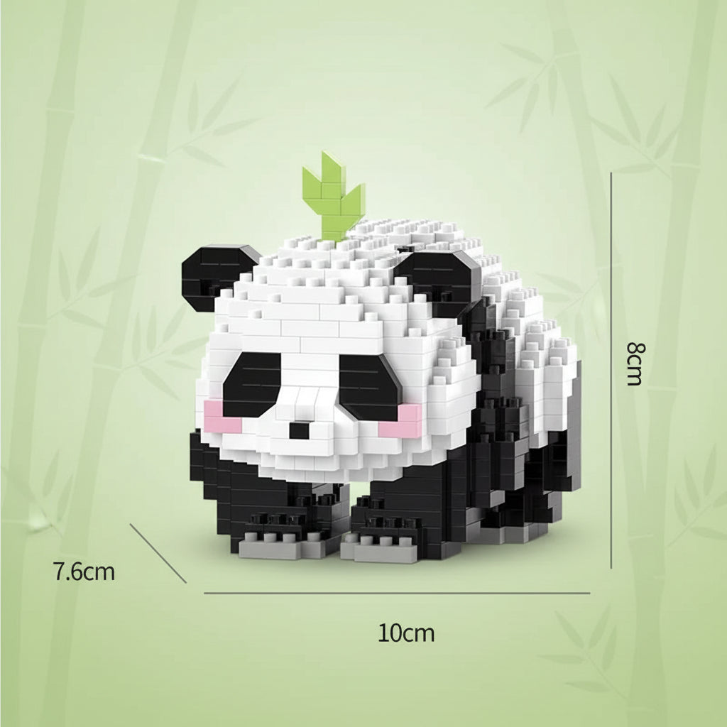Panda-shaped building block set with dimensions on a white background