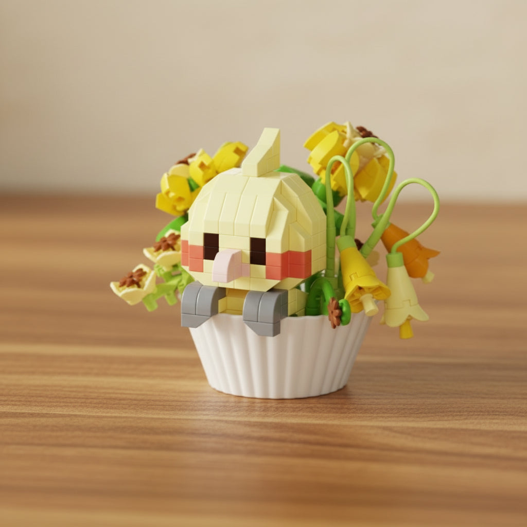 Toy figure of a character with flowers in a cupcake-like container on a light background