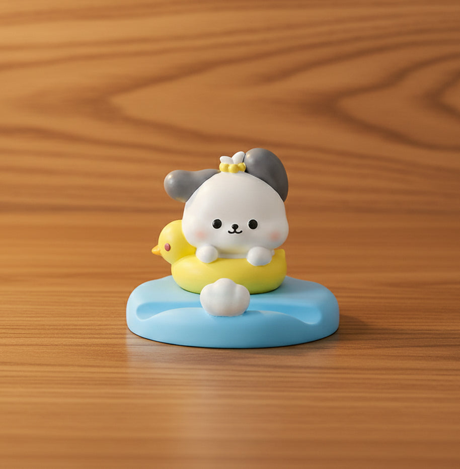 Cartoon dog phone holder with packaging on a light background
