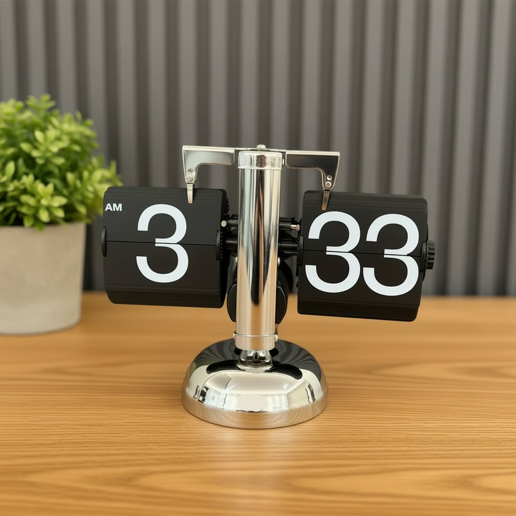 Flip clock with black face and silver base on a wooden surface with a blurred background