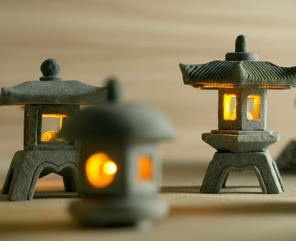 Three japanese style stone lanterns with glowing orange lights on a blurred background