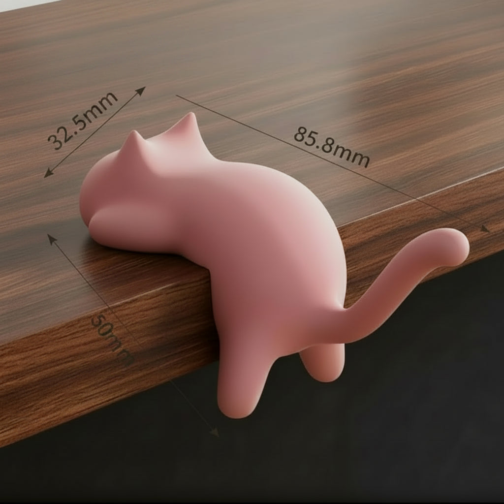 Pink cat-shaped object on a wooden surface with measurements indicated.